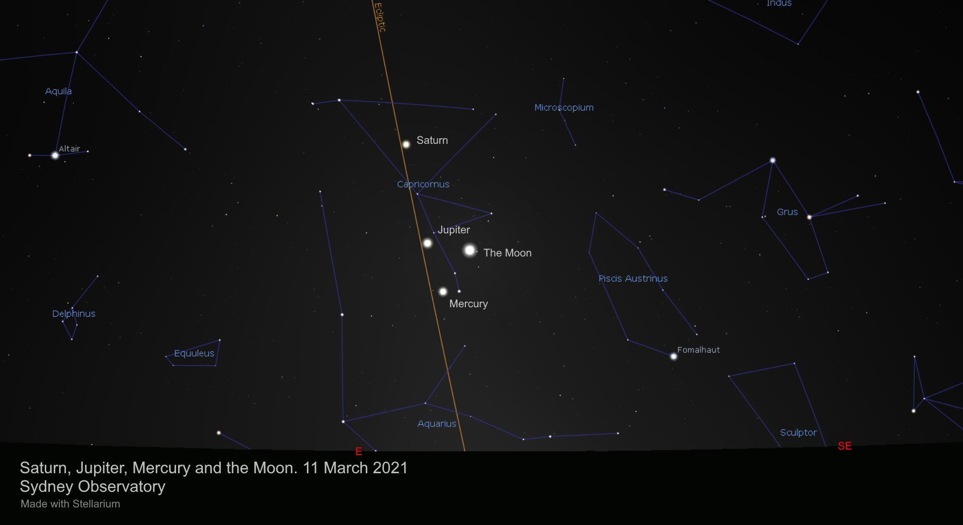 Three planets and the crescent Moon in the pre-dawn eastern sky on 2021 March 11 at 6:00am AEDT.